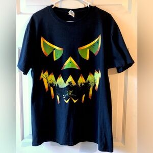 Men’s Fruit of the Loom Black Green Yellow Halloween Jack o Lantern Tee Shirt L